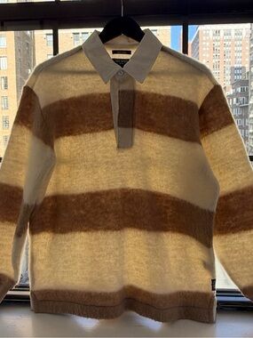 Todd Snyder Cream and Brown Striped V‑Neck Rugby Sweater